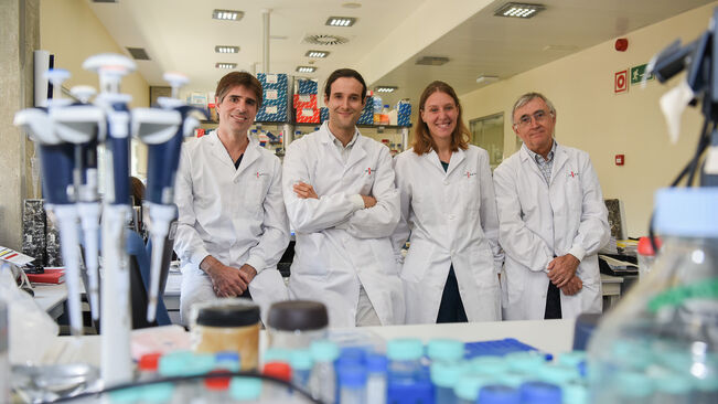 Els investigadors que han fet la recerca sobre la leucèmia. D’esquerra a dreta: Vicente Chapaprieta, Iñaki Martín-Subero, Renée Beekman i Elías Campo / IDIBAPS